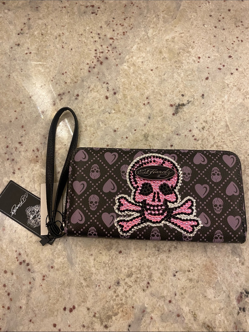 Ed Hardy Black zippered Wallet wristlet with Pink & black Rhinestone Skull NWT